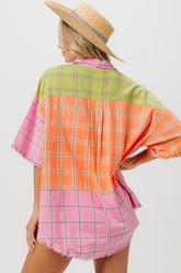 BiBi Women's Plaid Collared Half Sleeve Cotton Shirt - Classic Style